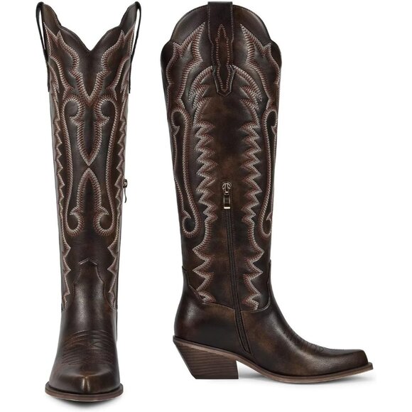 Women Knee High Chocolate Brown Floral Embroidered Western Pointed Toe Chunky - Picture 5 of 6